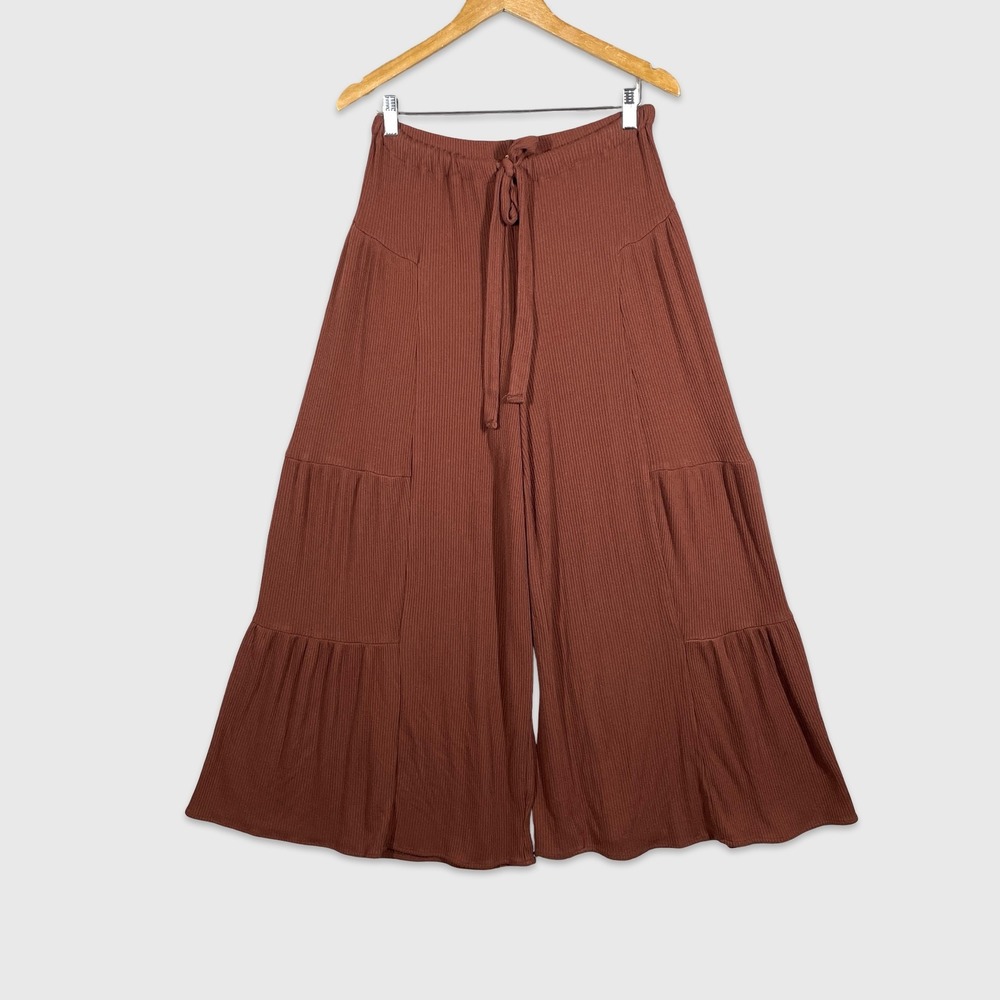 Free People Pants Womens Small Brown Boho Bohemian Ribbed Tiered Wide Leg